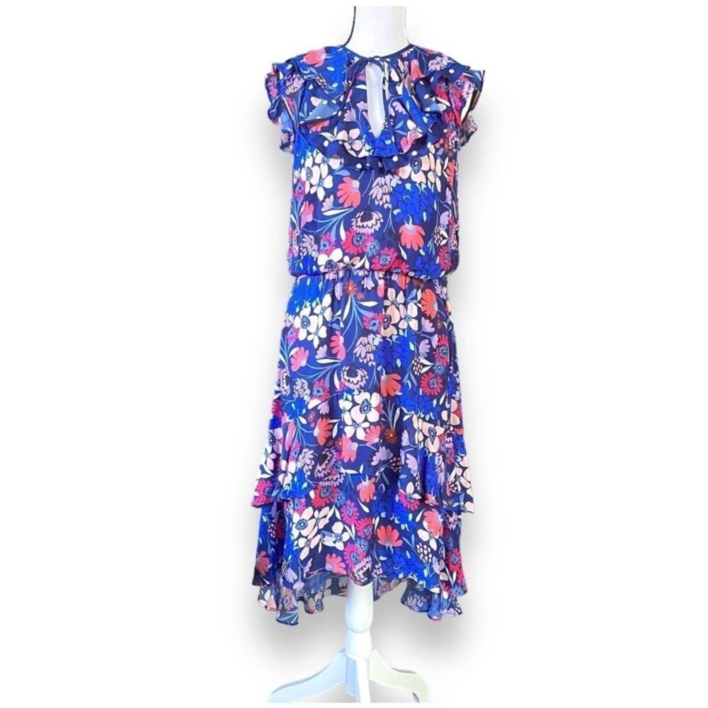 Parker Sleeveless Tiered Ruffle Silk Dress Sz M
Blue Pink Tie Neck Romantic